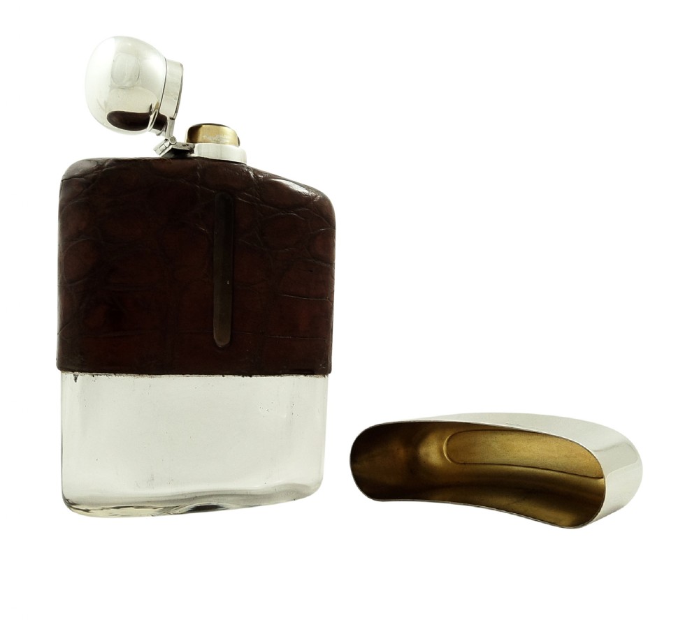 Antique Sterling Silver & Crocodile 1/2 Pint Hip Flask 1930 View VIII