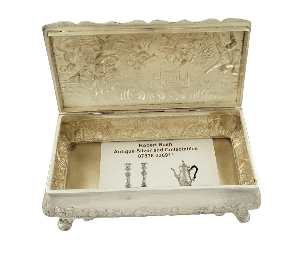 Antique Edwardian Sterling Silver Trinket Box with Classical Scenes 1903 View II