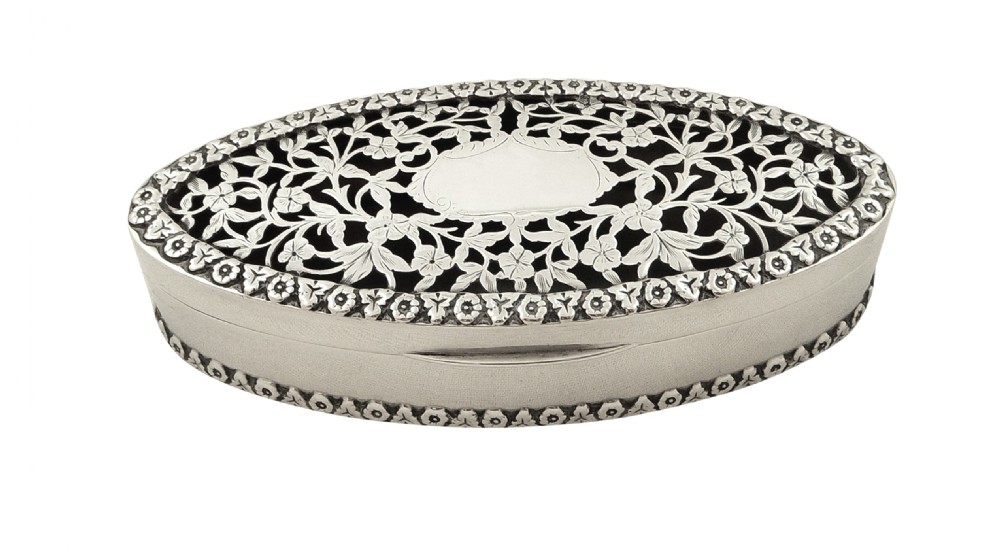 Antique Sterling Silver Oval Pierced Trinket Box 1916 View V