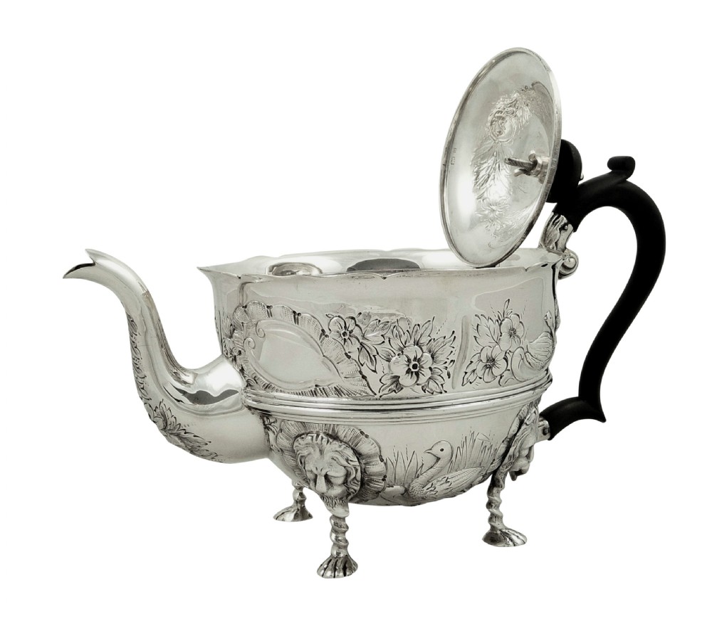 Antique Sterling Silver Teapot with Animal Decoration 1901 View II