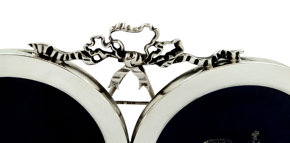 Unusual Antique Sterling Silver Bow/Ribbon Double Photo Frame 1901 View VII