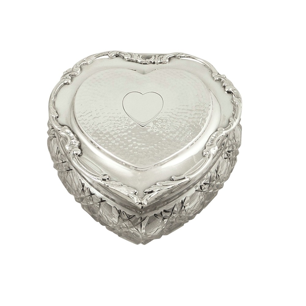Antique Edwardian Sterling Silver & Cut Glass Heart Shape Trinket Box 1906