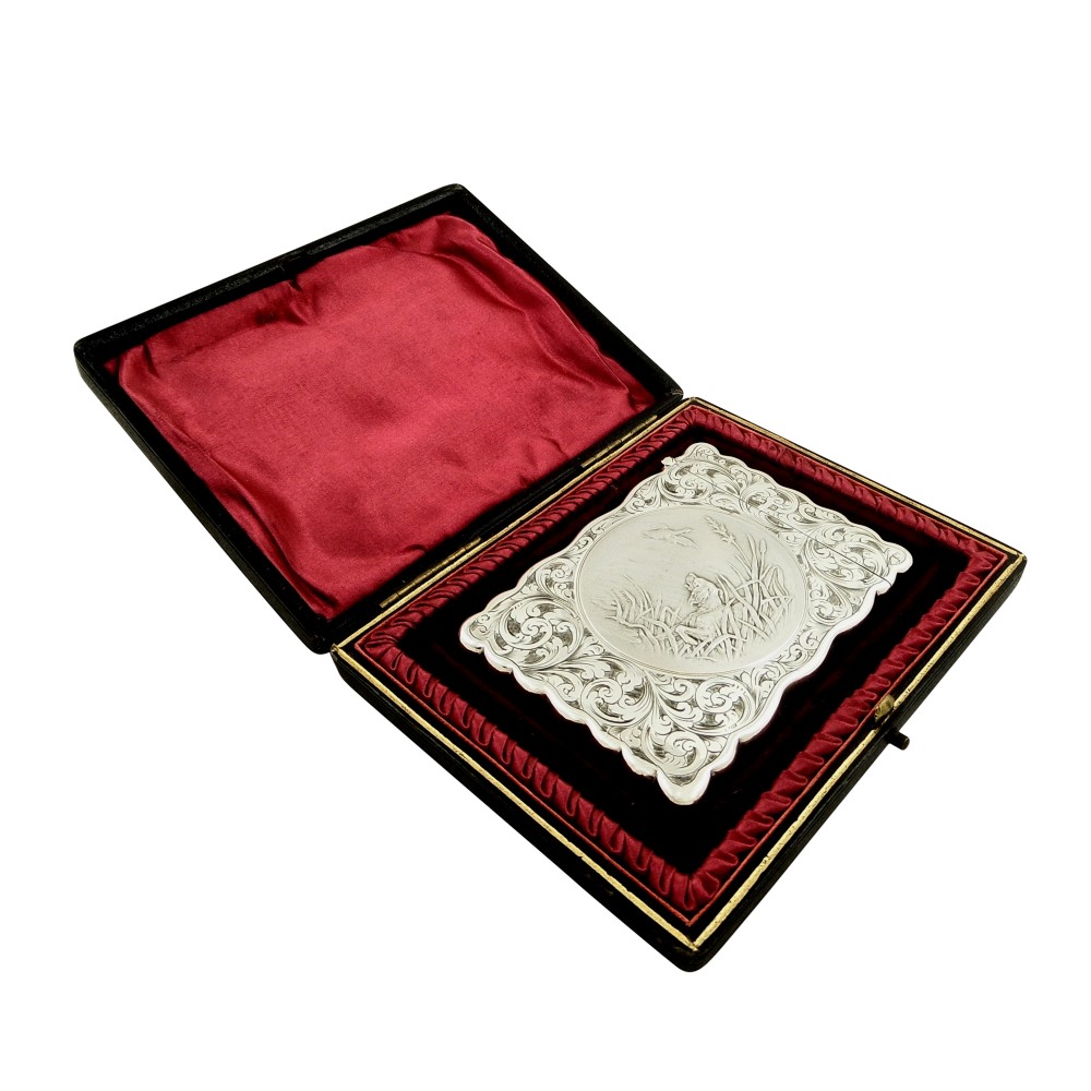 Antique Edwardian Sterling Silver Card Case - Dog & Bird 1905