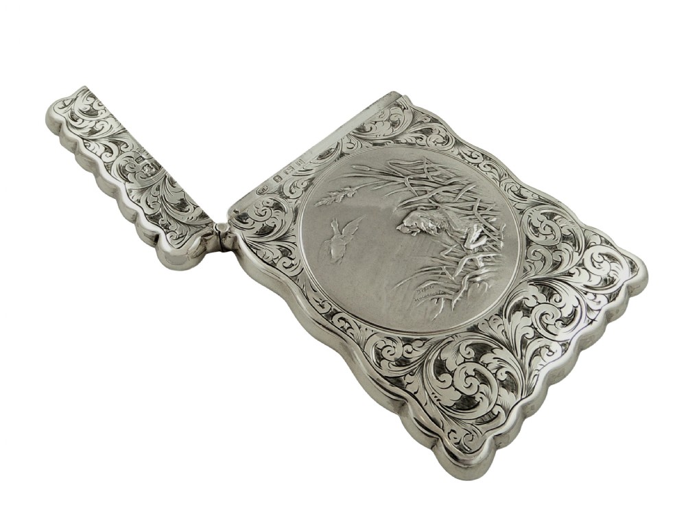 Antique Edwardian Sterling Silver Card Case - Dog & Bird 1905 View VIII