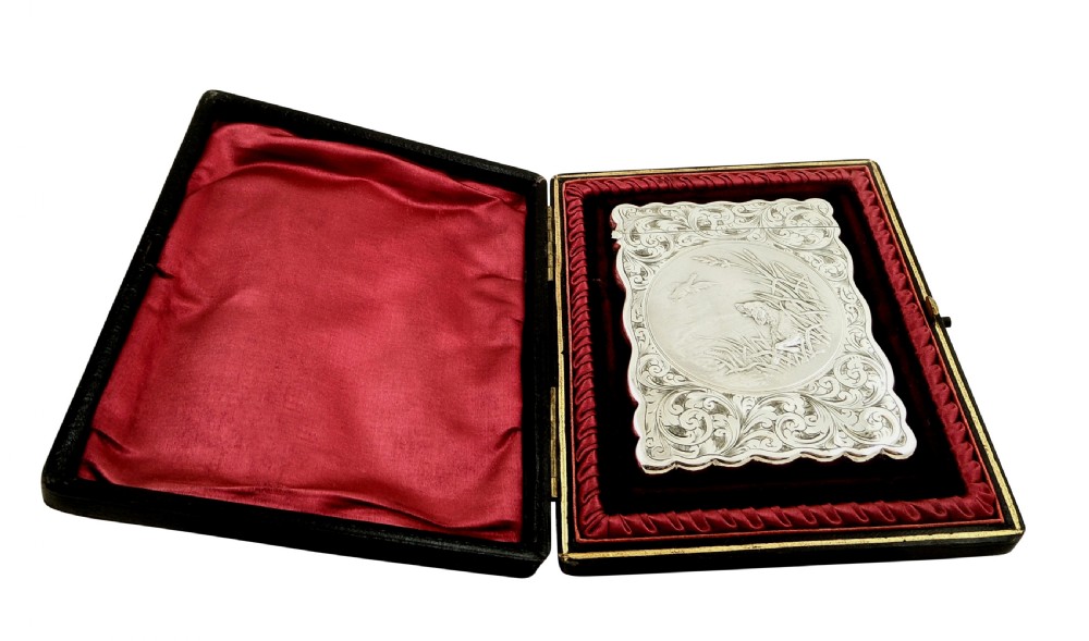 Antique Edwardian Sterling Silver Card Case - Dog & Bird 1905 View X