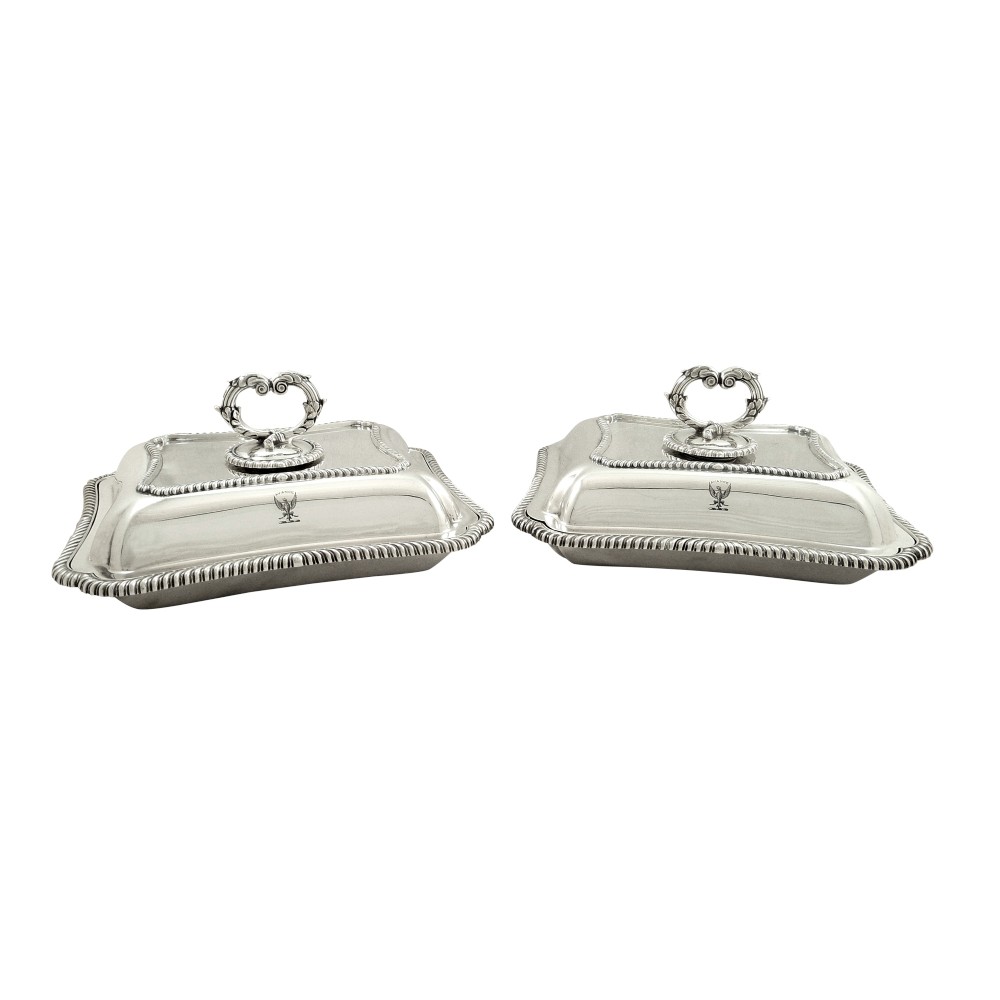 Pair of Antique Edwardian Sterling Silver Entree Dishes with Crests 1905