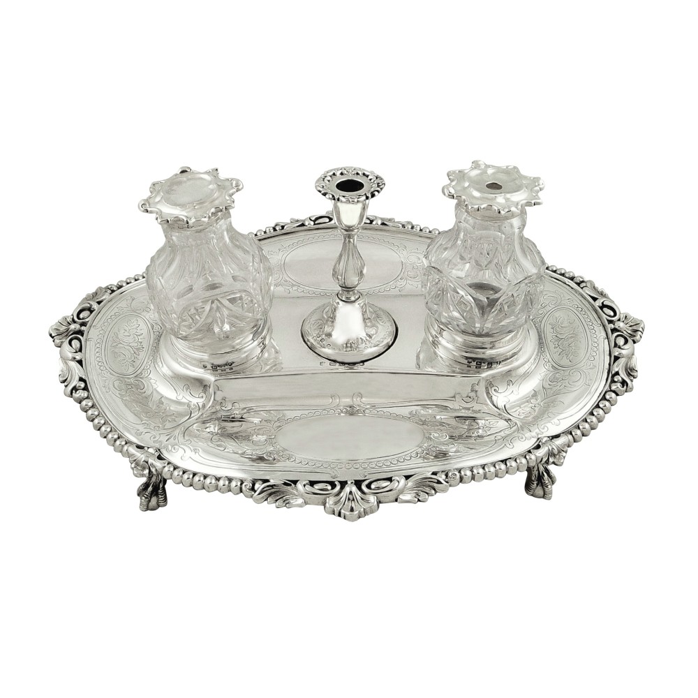 Antique Victorian Sterling Silver Double Inkstand with Candlestick 1857