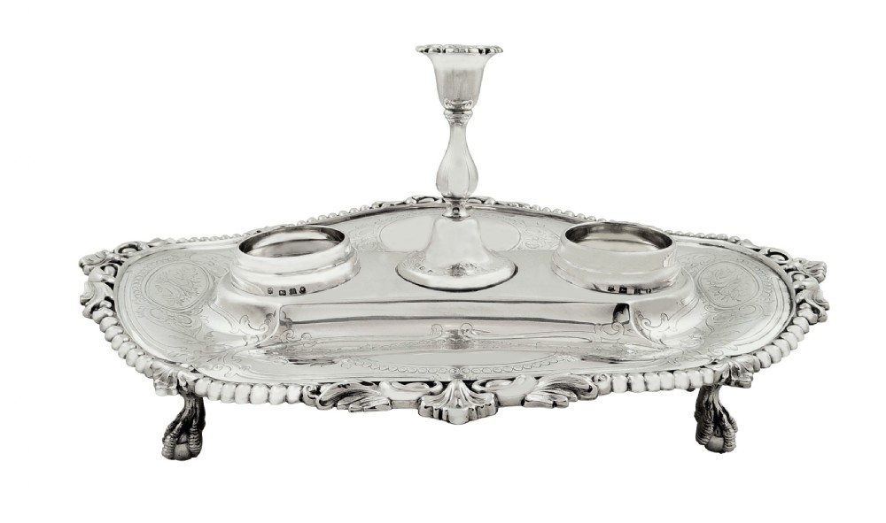 Antique Victorian Sterling Silver Double Inkstand with Candlestick 1857 View III