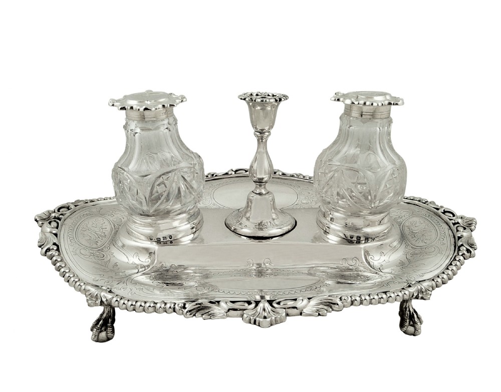 Antique Victorian Sterling Silver Double Inkstand with Candlestick 1857 View VI