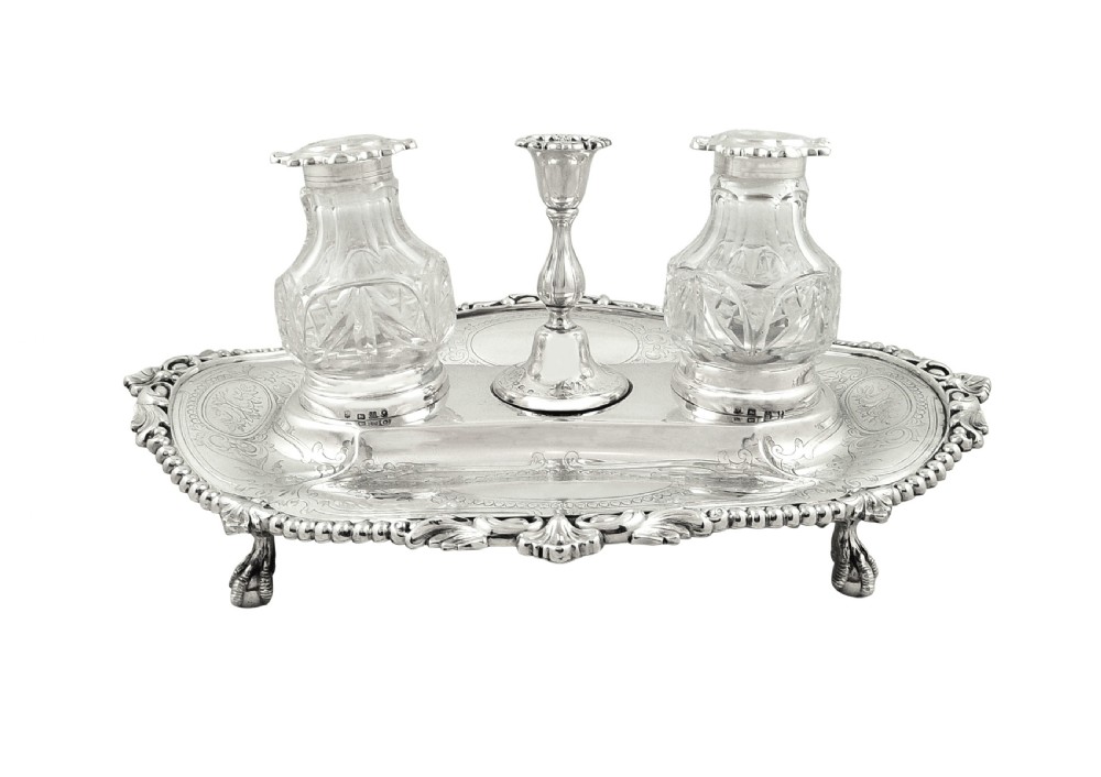 Antique Victorian Sterling Silver Double Inkstand with Candlestick 1857 View VIII