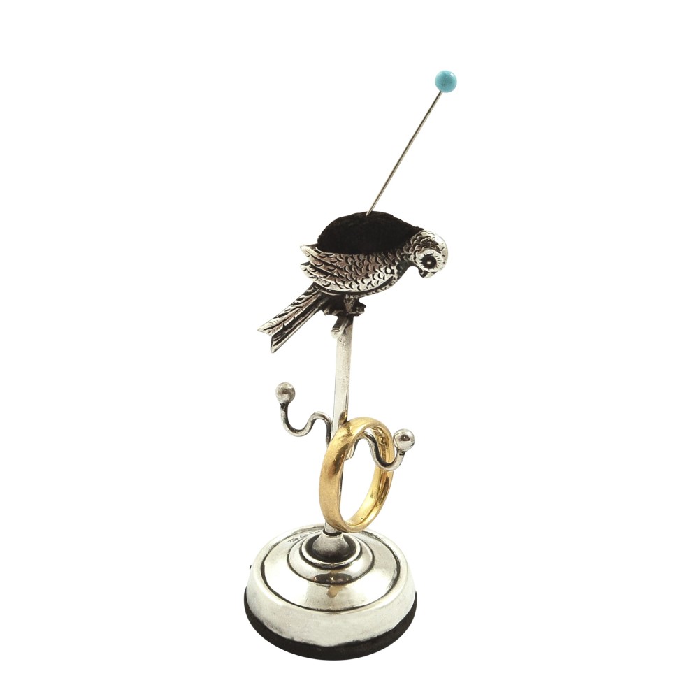 Antique Sterling Silver Parrot Ring Tree / Pin Cushion 1913