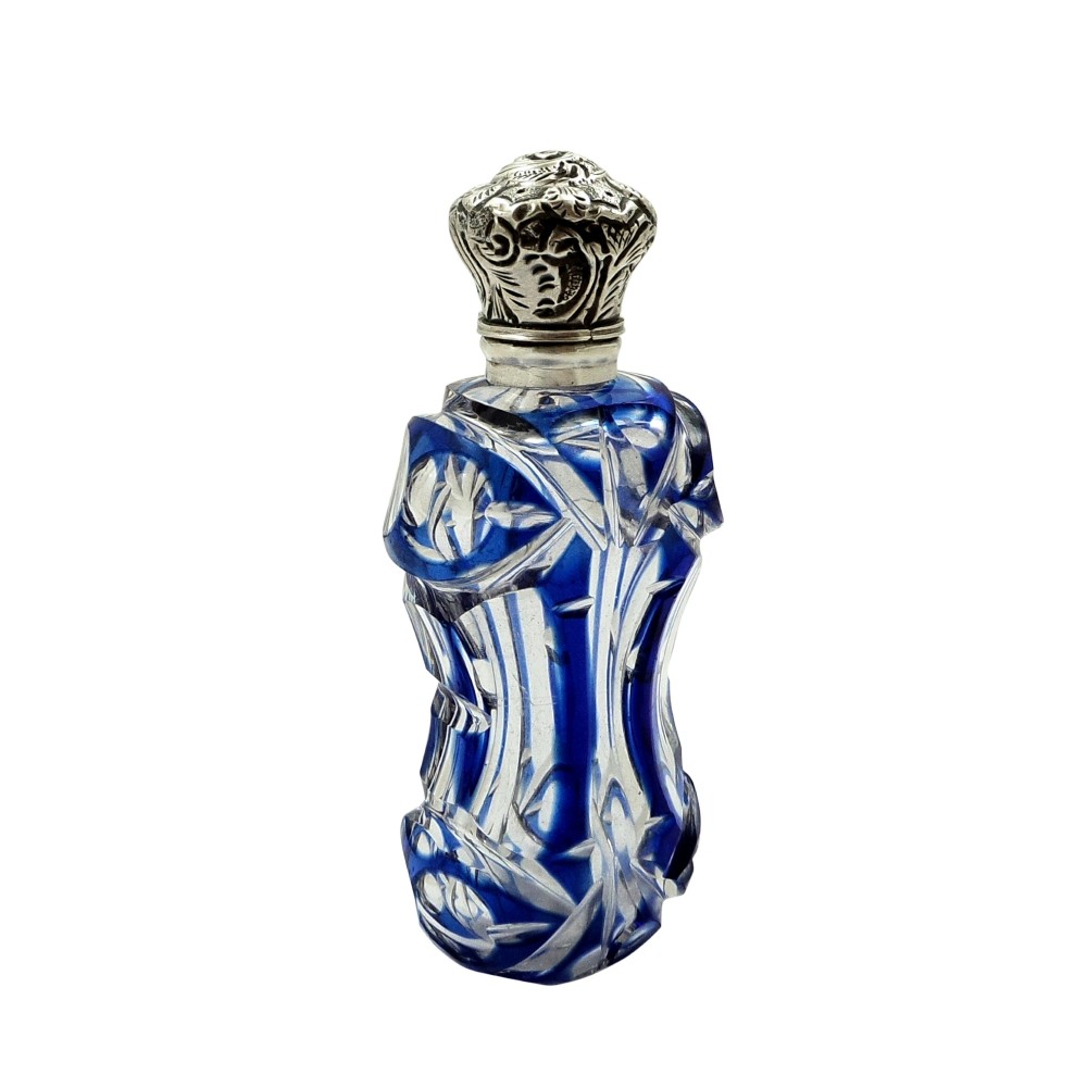 Antique Silver & Blue Overlay Cut Glass Perfume / Scent Bottle c1890