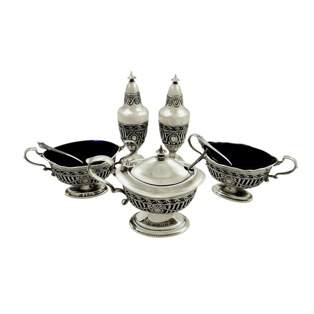 Antique Edwardian Sterling Silver 5 Piece Cruet Set 1908