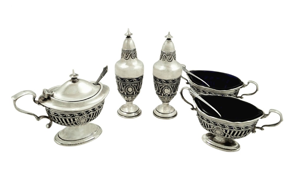 Antique Edwardian Sterling Silver 5 Piece Cruet Set 1908 View II