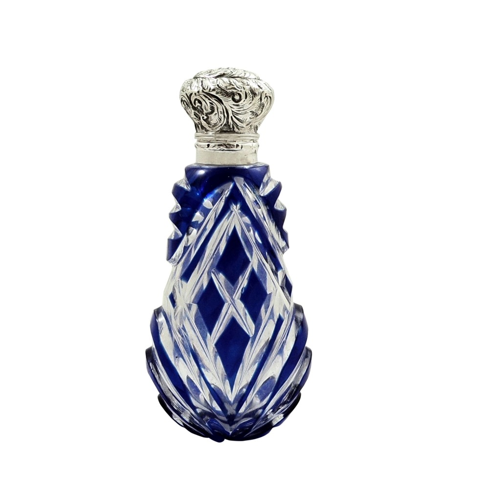 Antique Silver & Blue Overlay Cut Glass Perfume / Scent Bottle c1900