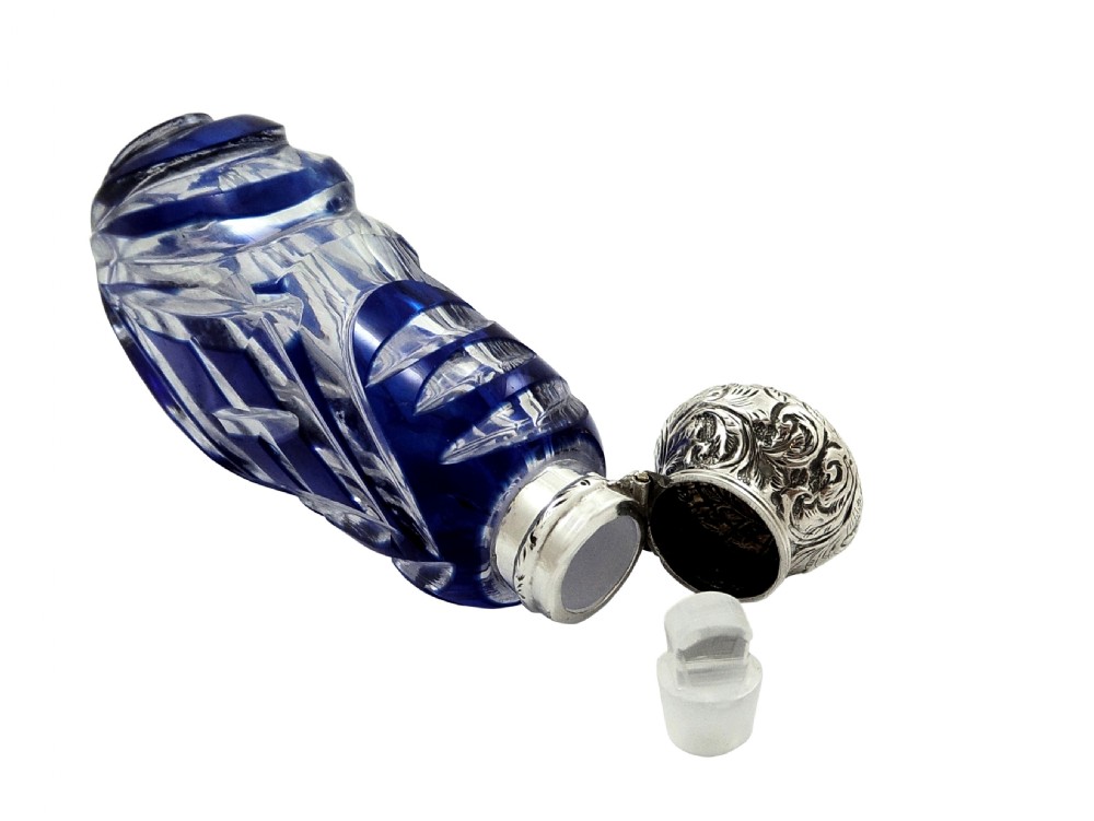 Antique Silver & Blue Overlay Cut Glass Perfume / Scent Bottle c1900 View VIII