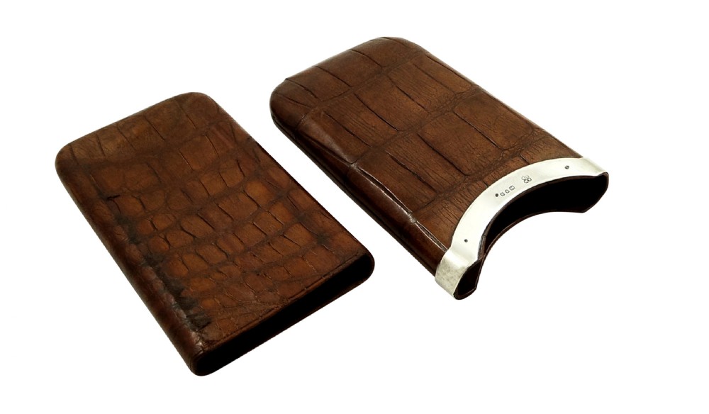 Antique Victorian Crocodile Leather & Sterling Silver Cigar Case 1896 View V
