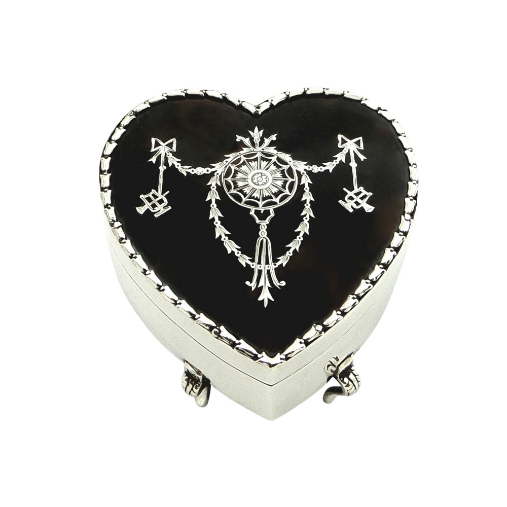 Antique Edwardian Sterling Silver & Tortoiseshell Heart Trinket Box 1907
