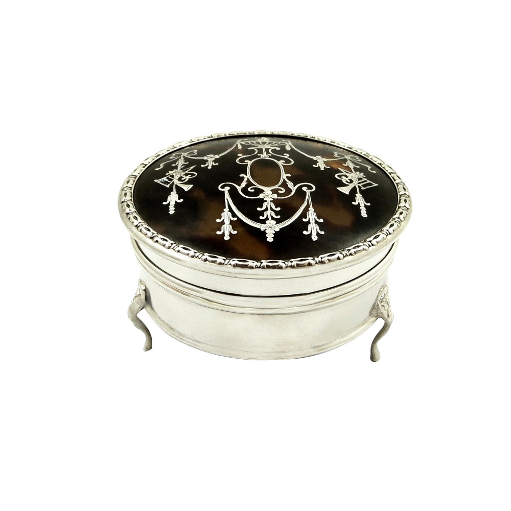 Antique Sterling Silver & Tortoiseshell Trinket Box 1919