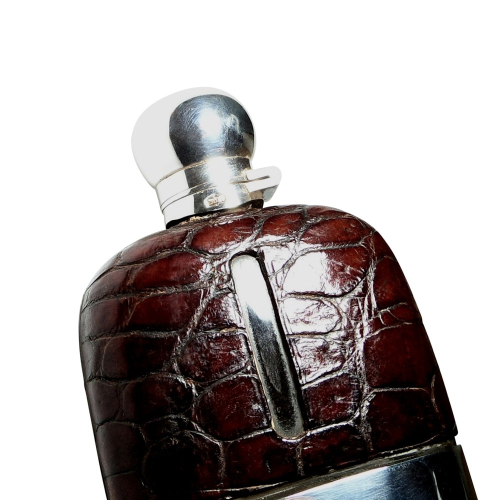 ANTIQUE CROCODILE LEATHER & SILVER PLATED HIP FLASK C1900