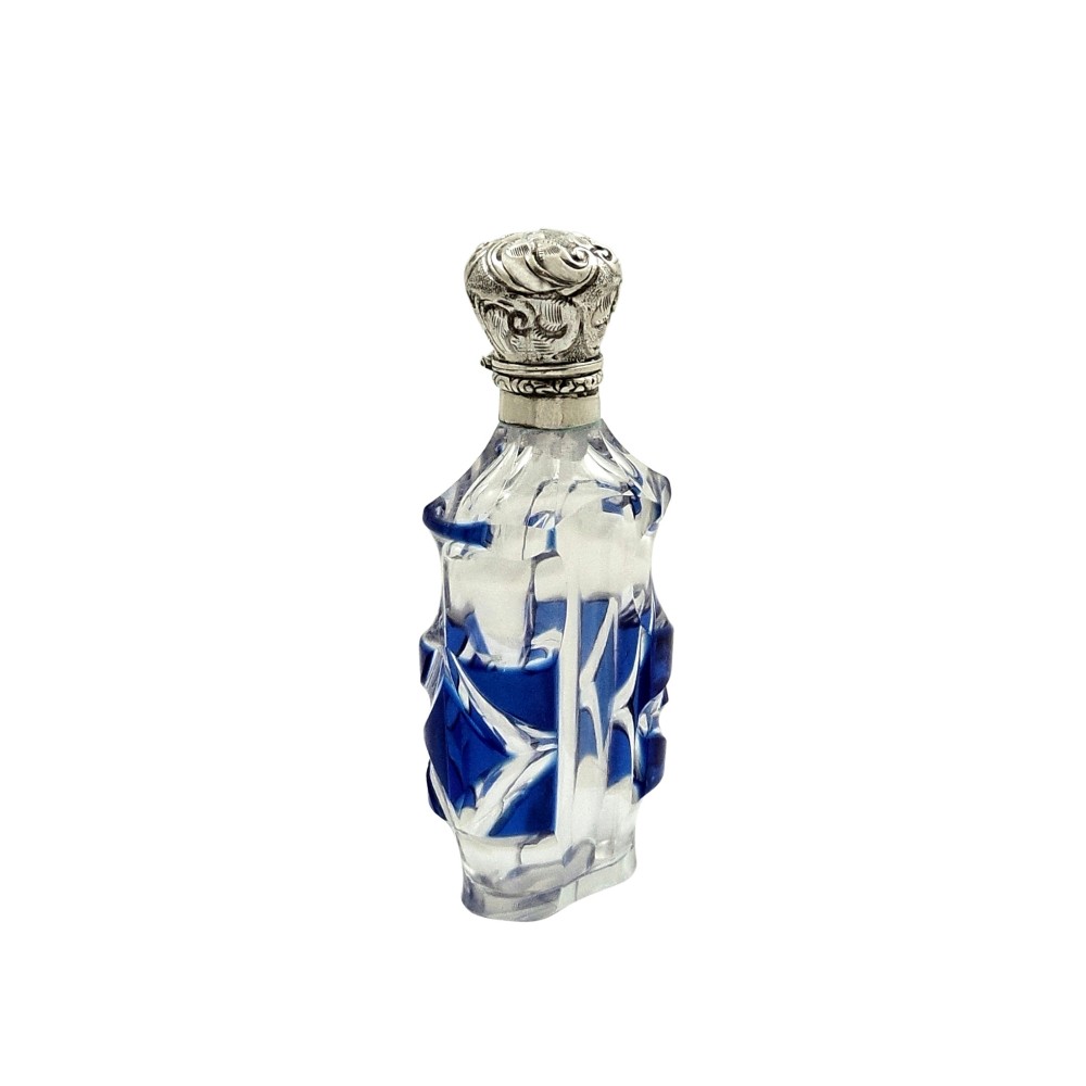 Antique Silver & Blue Overlay Perfume / Scent Bottle 