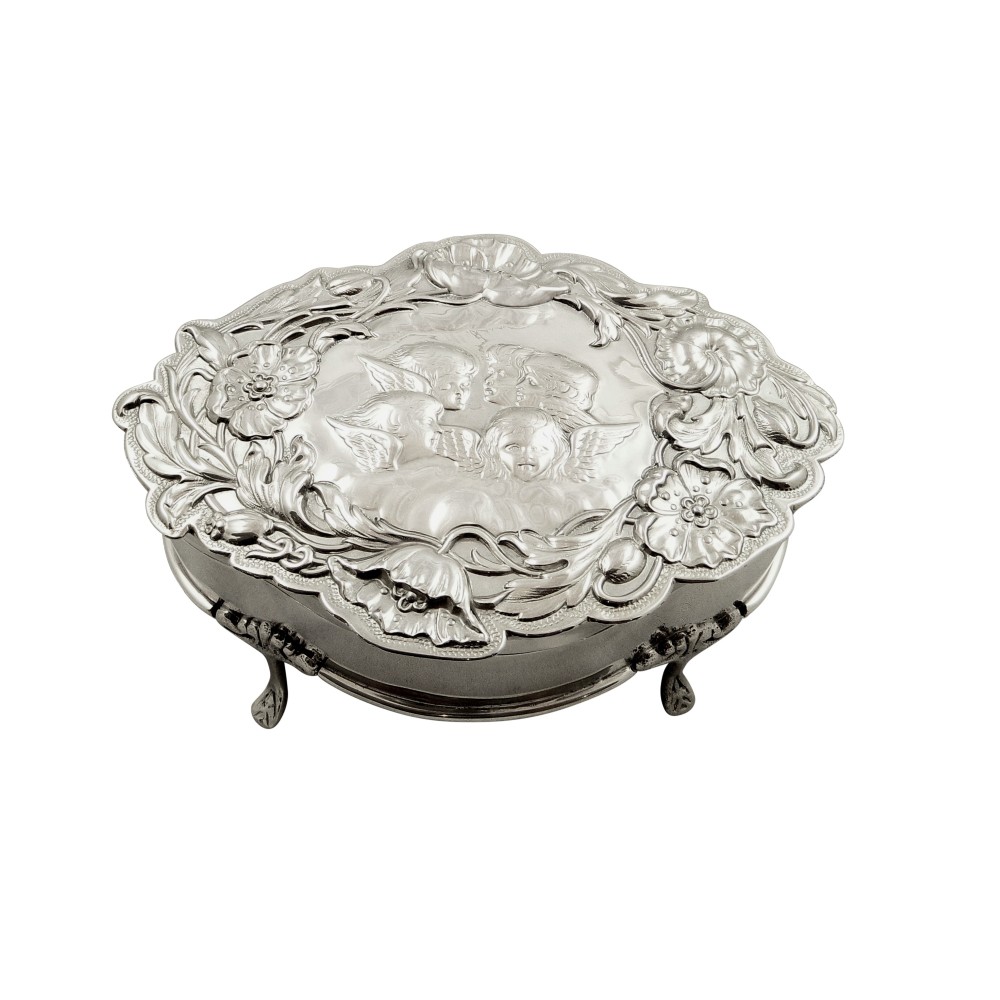 Large Antique Edwardian Sterling Silver 'Angels' Trinket Box 1902