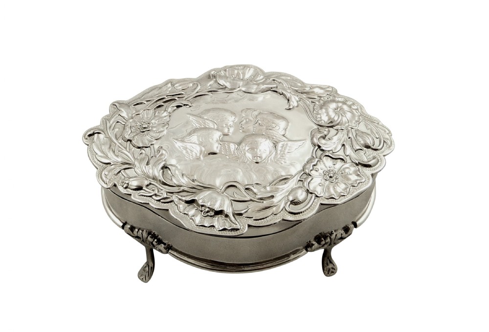 Large Antique Edwardian Sterling Silver 'Angels' Trinket Box 1902 View X