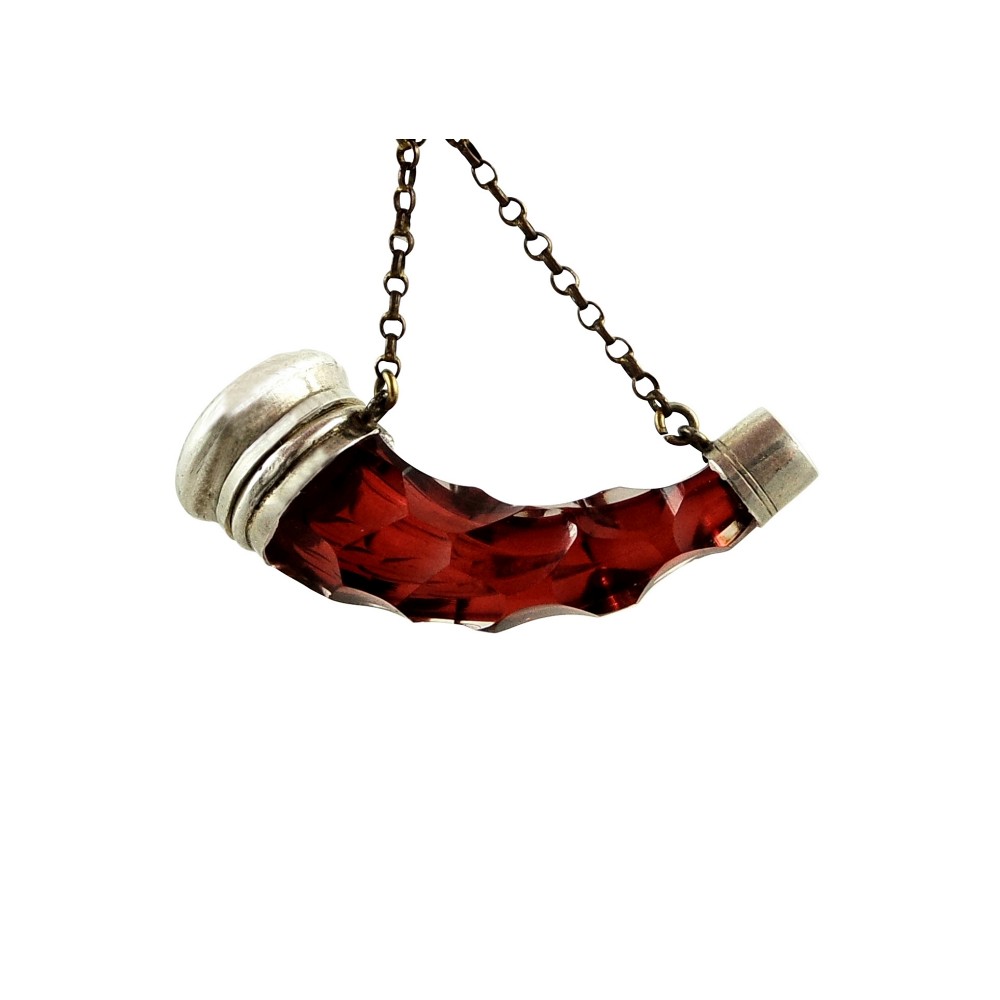 Antique Silver & Red Glass Horn Shape Perfume / Scent Bottle c1880