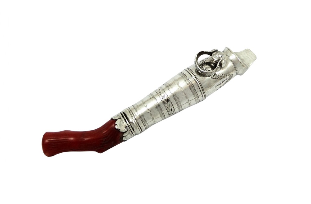 Antique Georgian Sterling Silver & Coral Baby Whistle / Teether 1795 View III