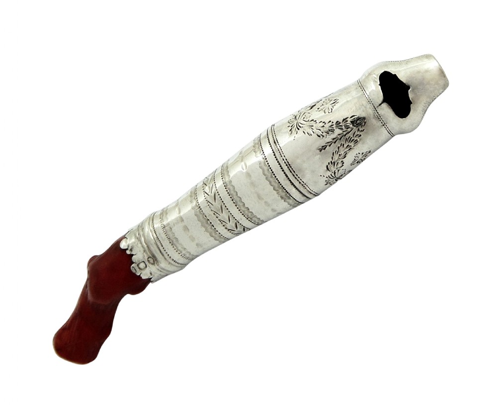 Antique Georgian Sterling Silver & Coral Baby Whistle / Teether 1795 View X
