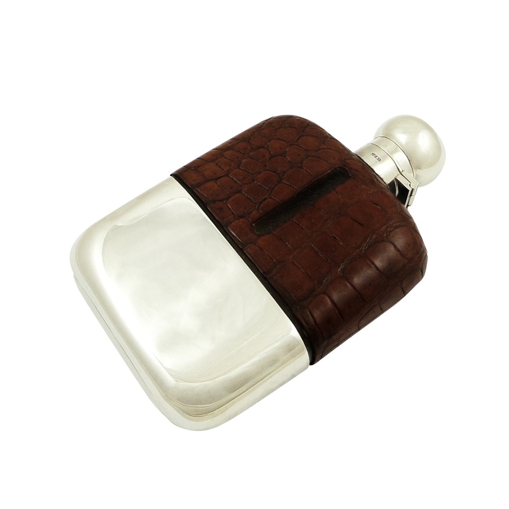 Antique Silver Plated & Crocodile Leather Hip Flask c1880
