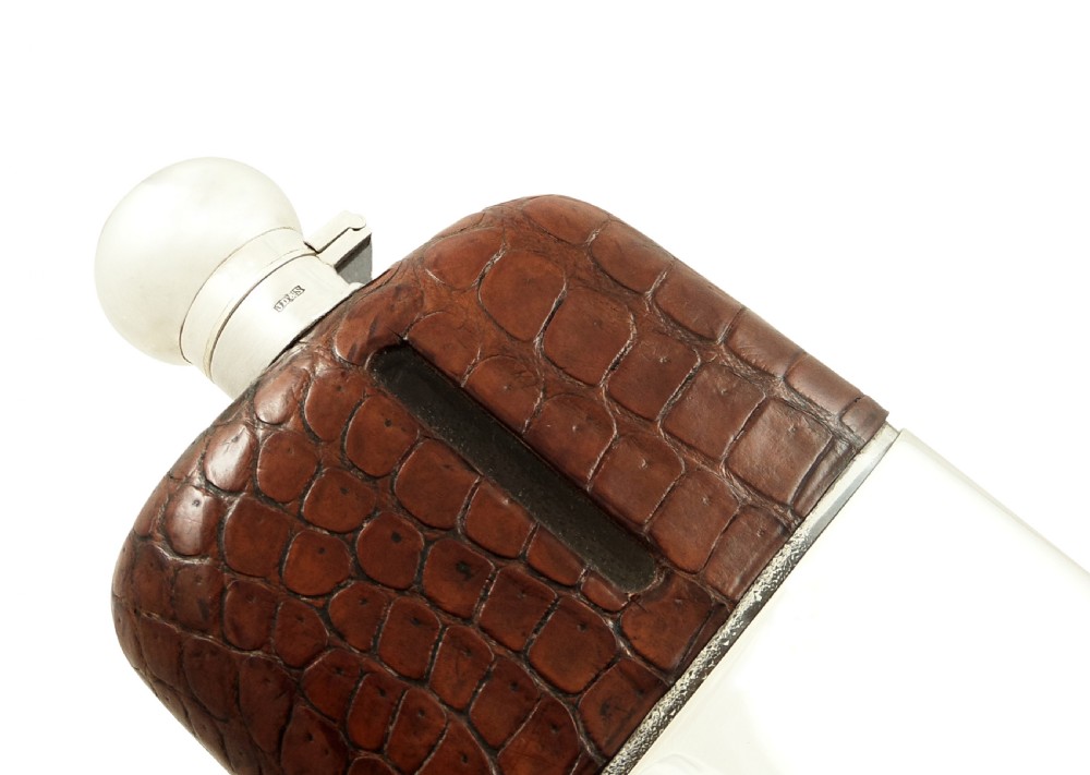 Antique Silver Plated & Crocodile Leather Hip Flask c1880 View IV