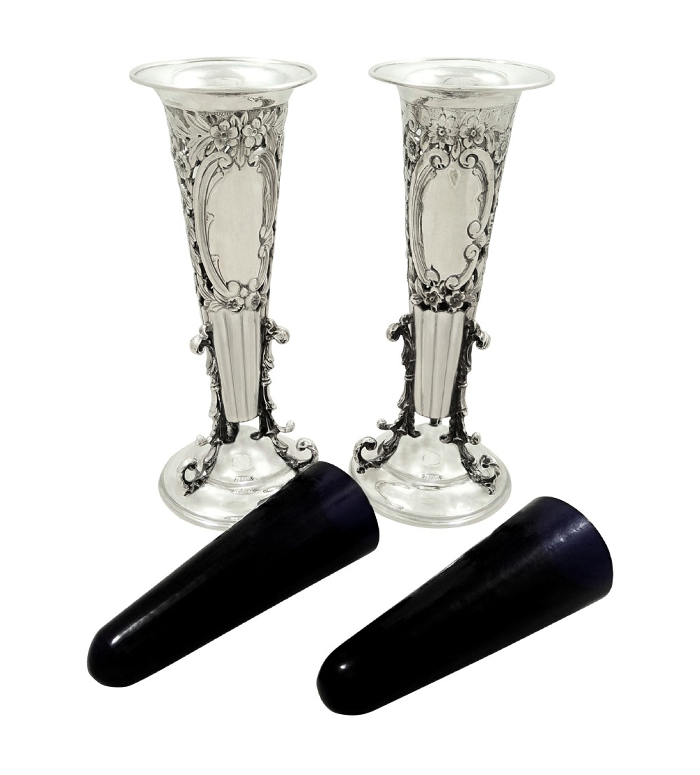 Pair of Antique Edwardian Sterling Silver Vases 1904 View VIII