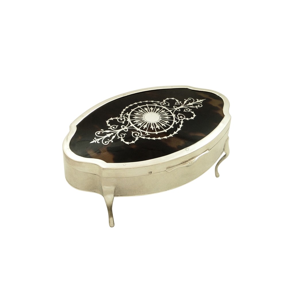 Antique Sterling Silver & Tortoiseshell with Pique Inlay Trinket Box 1919