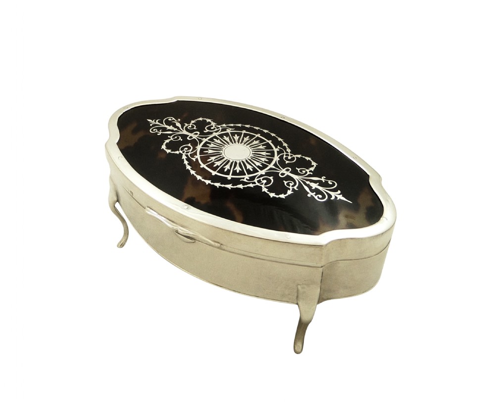 Antique Sterling Silver & Tortoiseshell with Pique Inlay Trinket Box 1919 View VIII