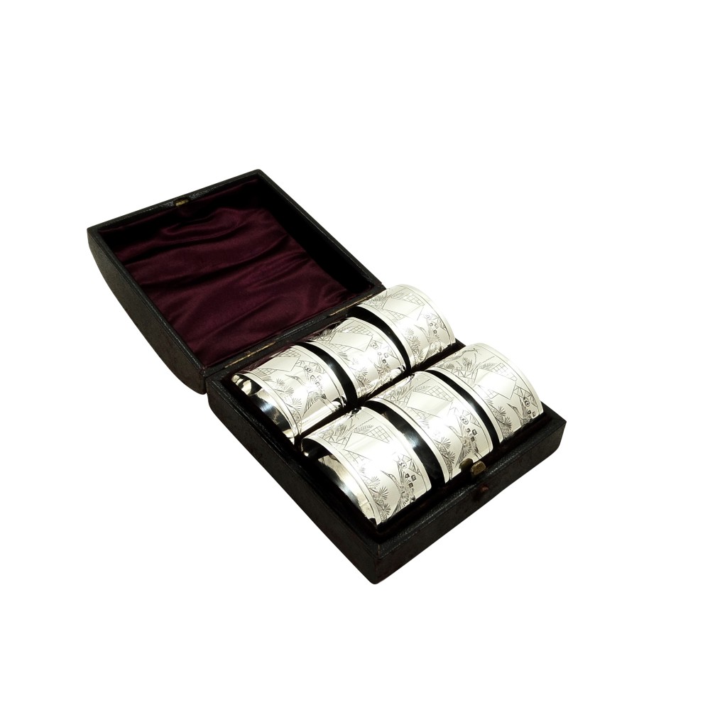 Set of 6 Antique Victorian Sterling Silver Napkin Rings in Case 1897