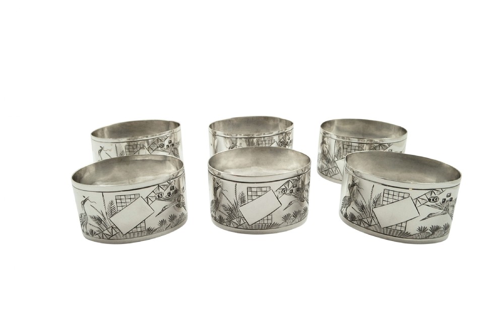 Set of 6 Antique Victorian Sterling Silver Napkin Rings in Case 1897 View II