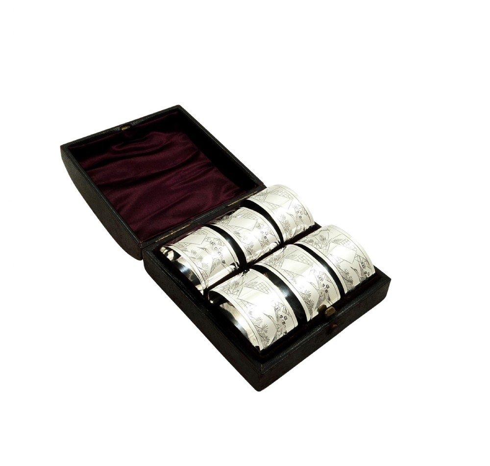 Set of 6 Antique Victorian Sterling Silver Napkin Rings in Case 1897 View XI