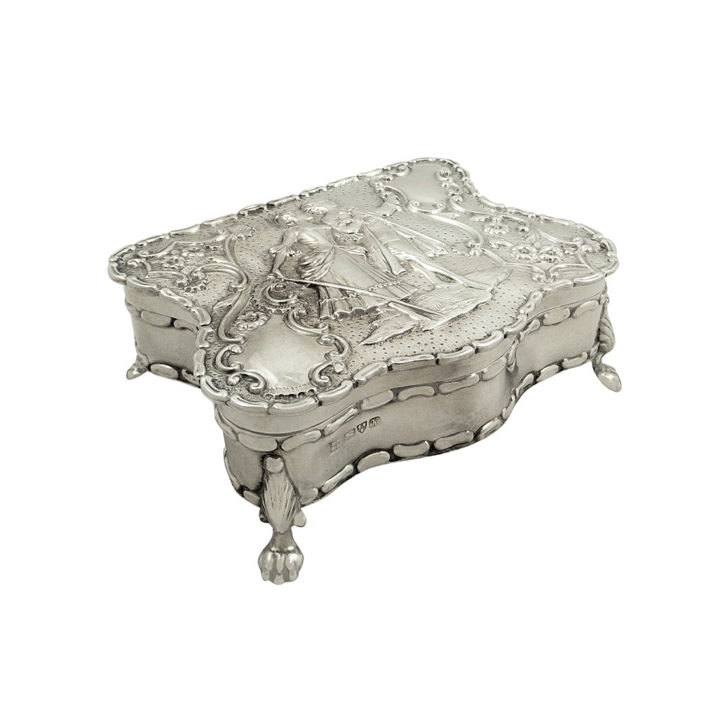 Antique Edwardian Sterling Silver Ring / Trinket Box with Scene 1910