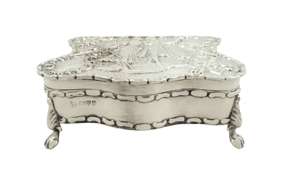 Antique Edwardian Sterling Silver Ring / Trinket Box with Scene 1910 View VII