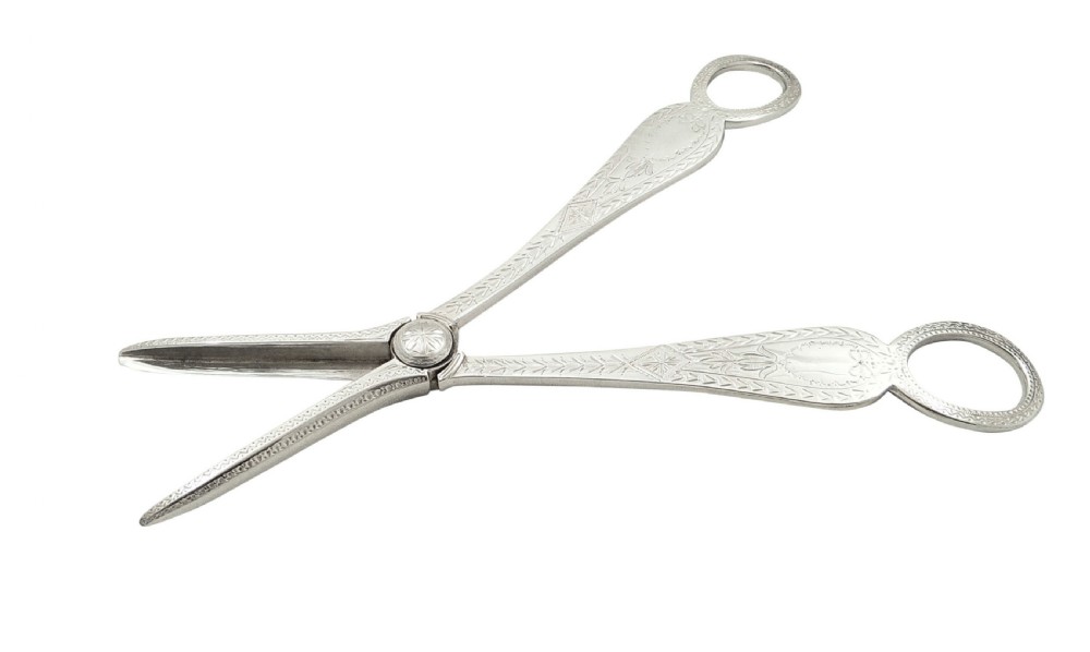 Pair of Antique Victorian Sterling Silver Grape Shears / Scissors in Case 1884 View V