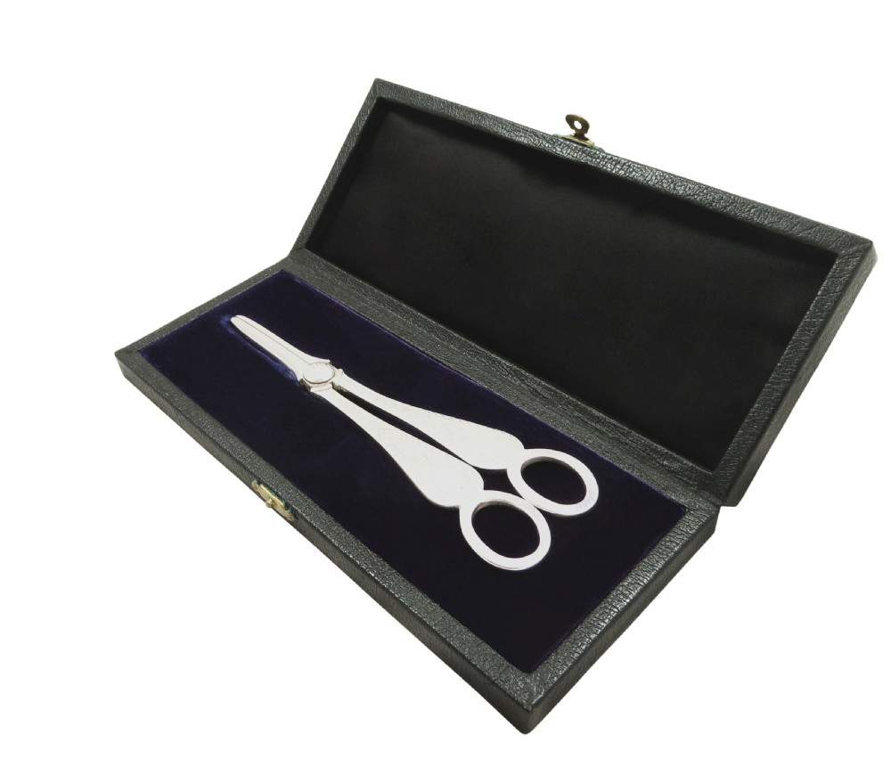 Pair of Antique Victorian Sterling Silver Grape Shears / Scissors in Case 1884 View X