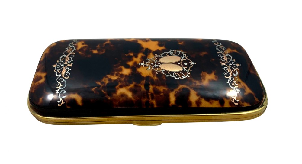 Antique Victorian Tortoiseshell with Silver & Gold Pique Cigar Case c1850 View IV
