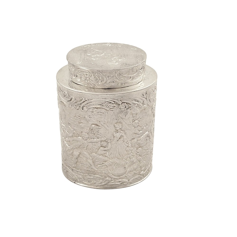 Antique German Silver Caddy with Scenes c1870