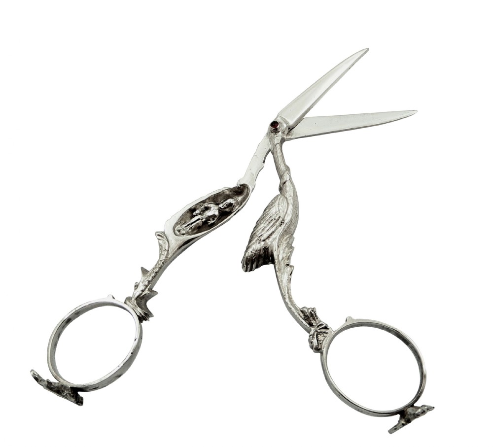 Antique Dutch Silver Stork Baby Scissors c1900 View VIII