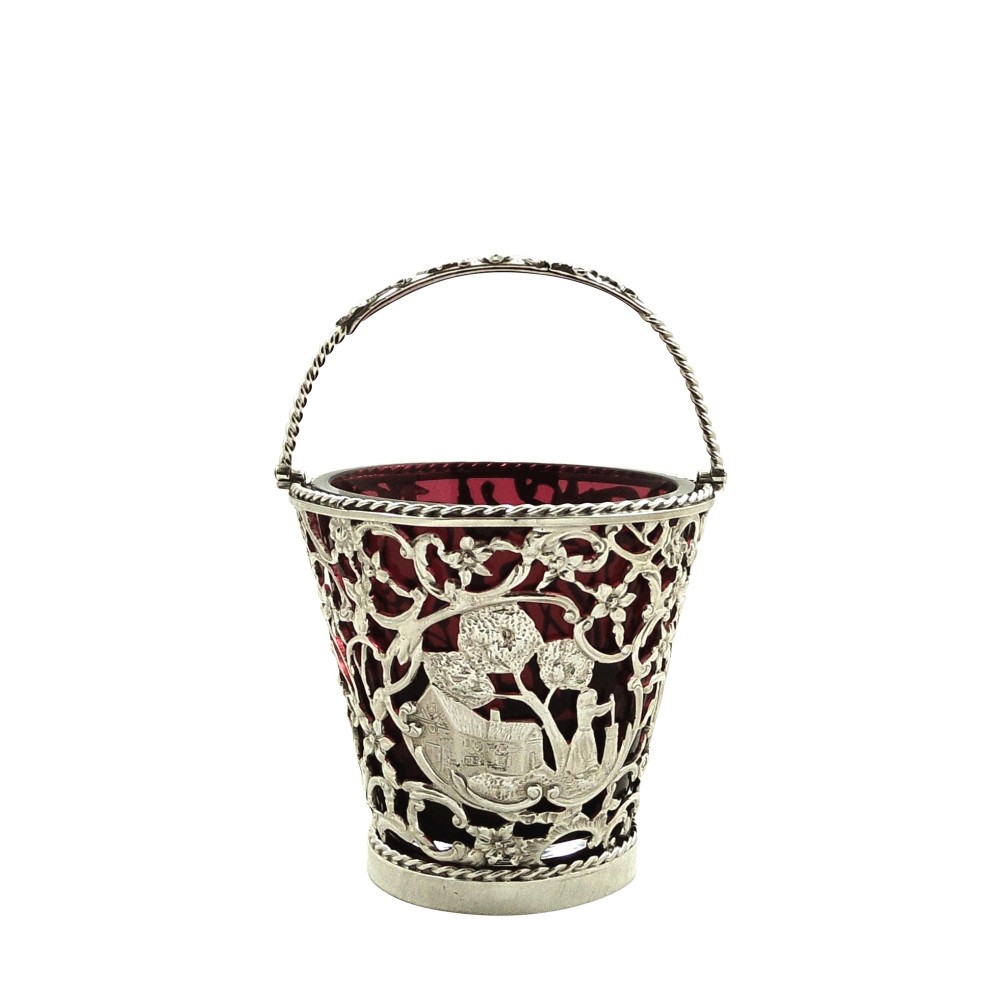Antique Edwardian Silver Basket with Cranberry Liner 1906
