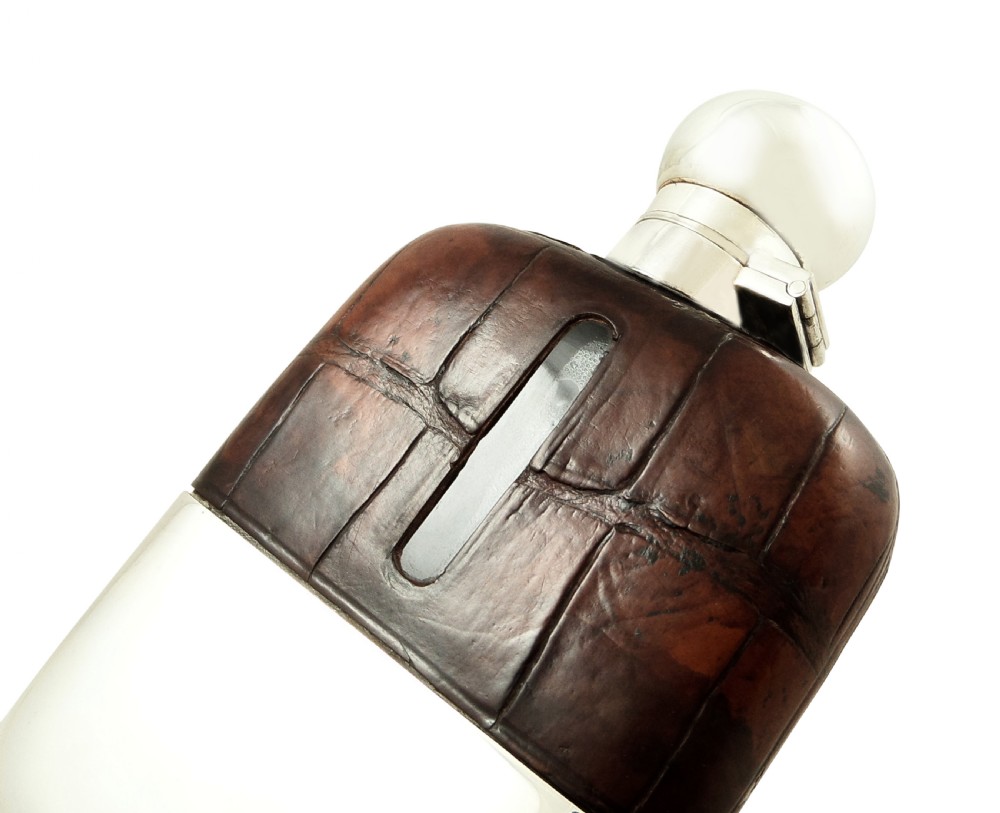 Antique Silver Plated & Crocodile Leather Hip Flask with Cup 1931 View IV