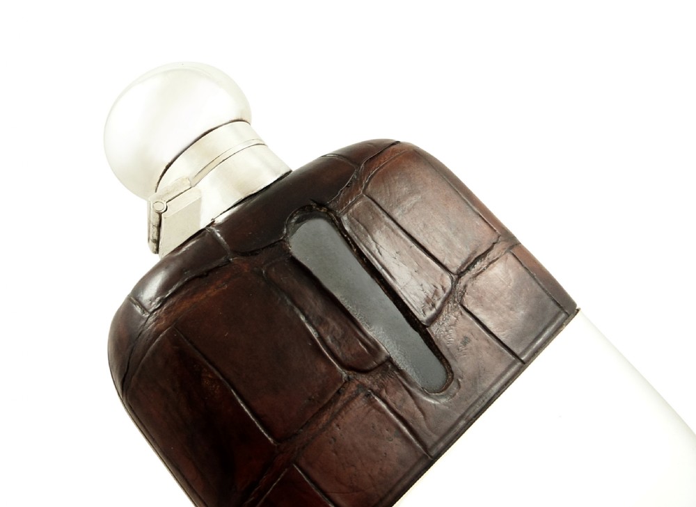 Antique Silver Plated & Crocodile Leather Hip Flask with Cup 1931 View IX