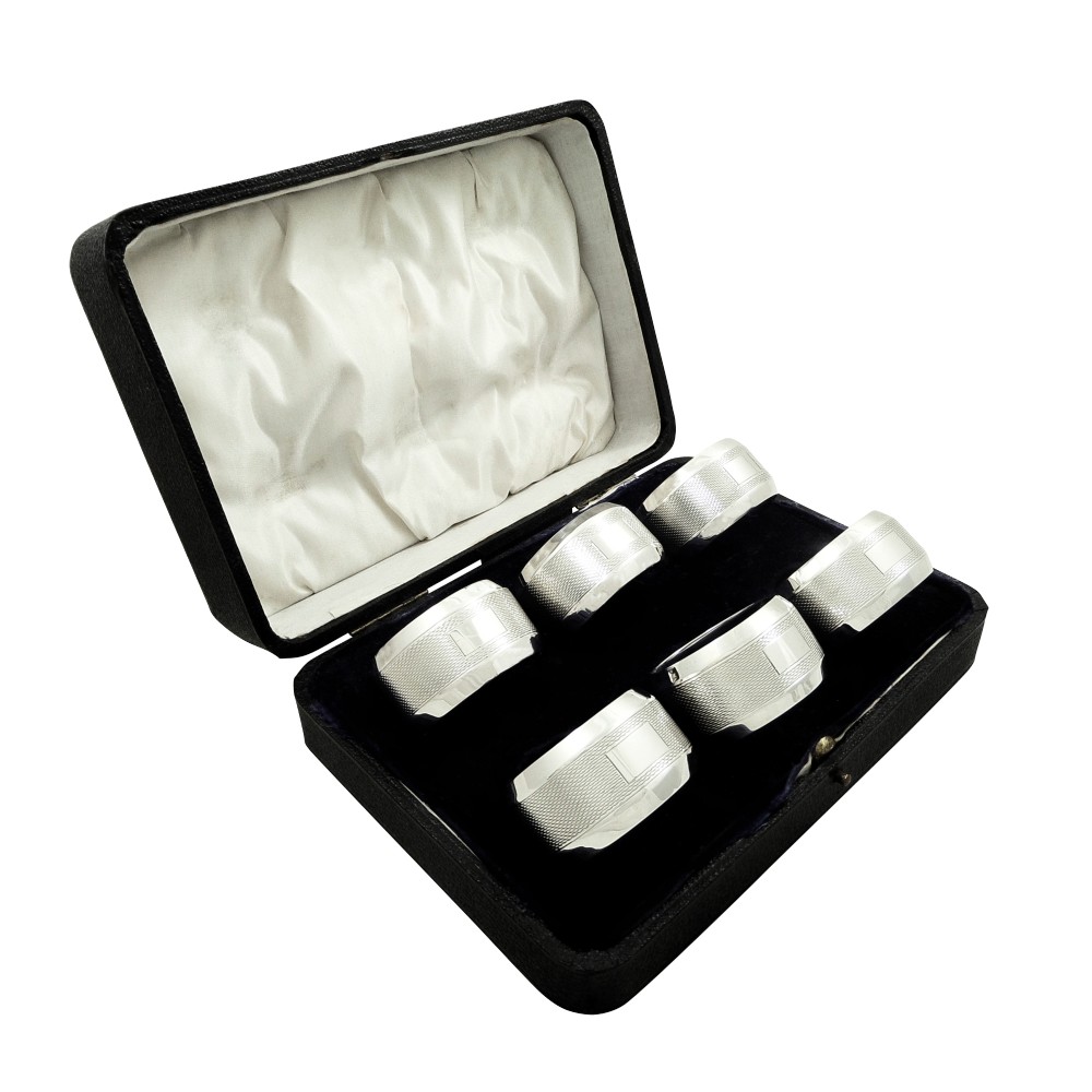 Set of 6 Antique Sterling Silver Napkin Rings in Case 1931