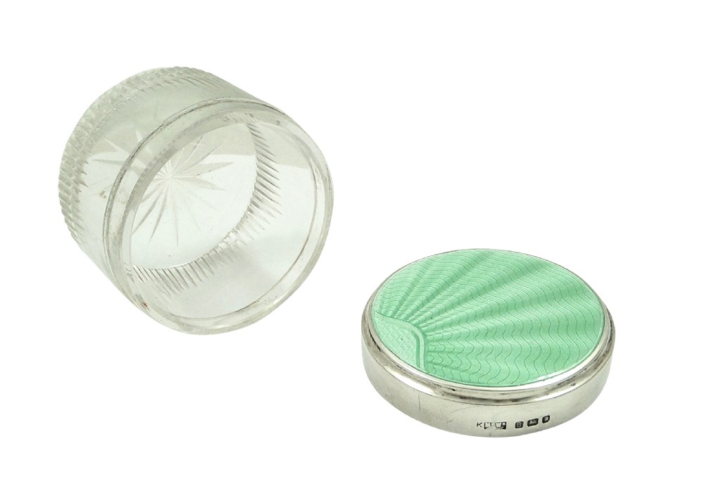 Set of 3 Antique Sterling Silver & Green Enamel Top Vanity Jars 1937 View VI